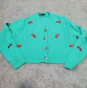 Sweet And Sinful Cherry Embroidered Green Cropped Button Cardigan